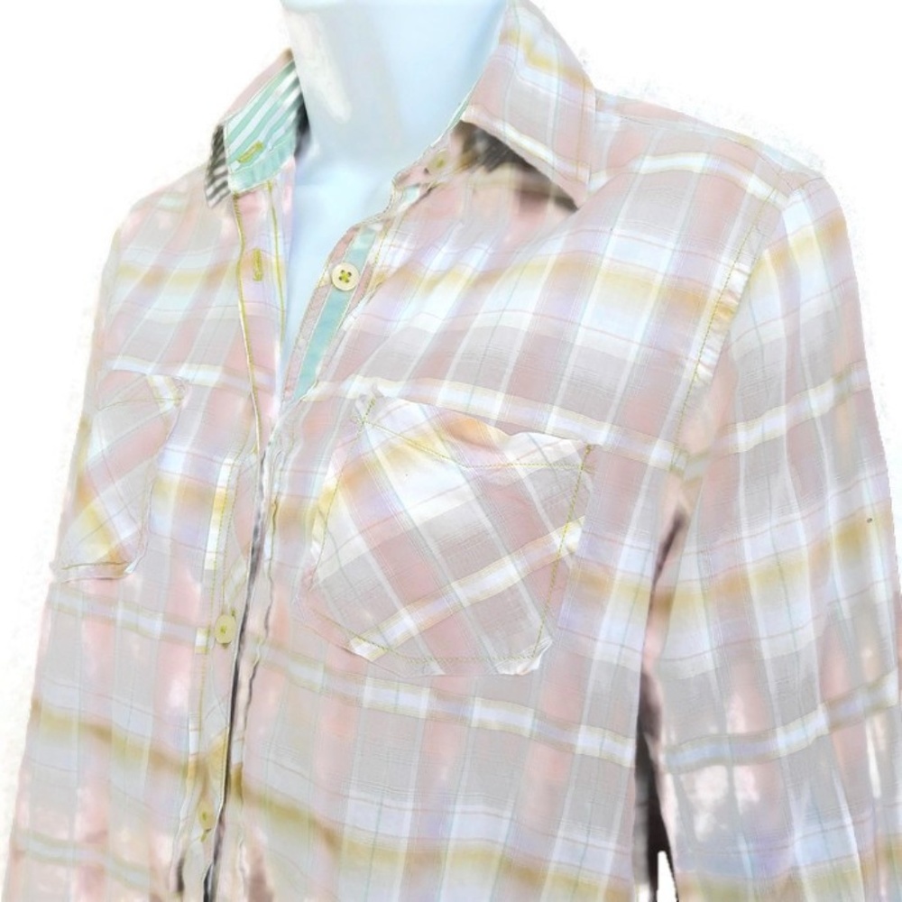 Arnold Zimberg Hollywood Pink Plaid Shirt Button Velvet Trim Contrast Flip Cuff